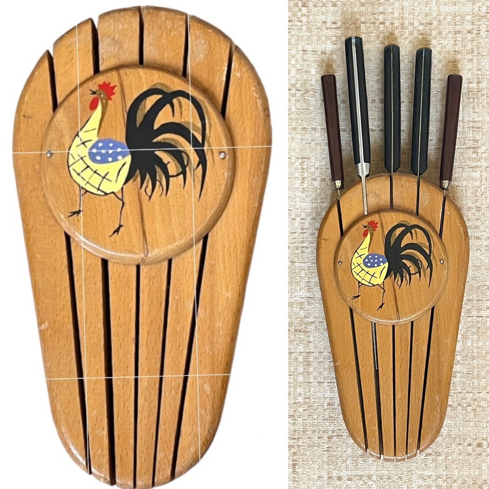 Vintage Knife Block Mid Century Kitchen Rooster Hand Painted Retro Kitchen Decor
